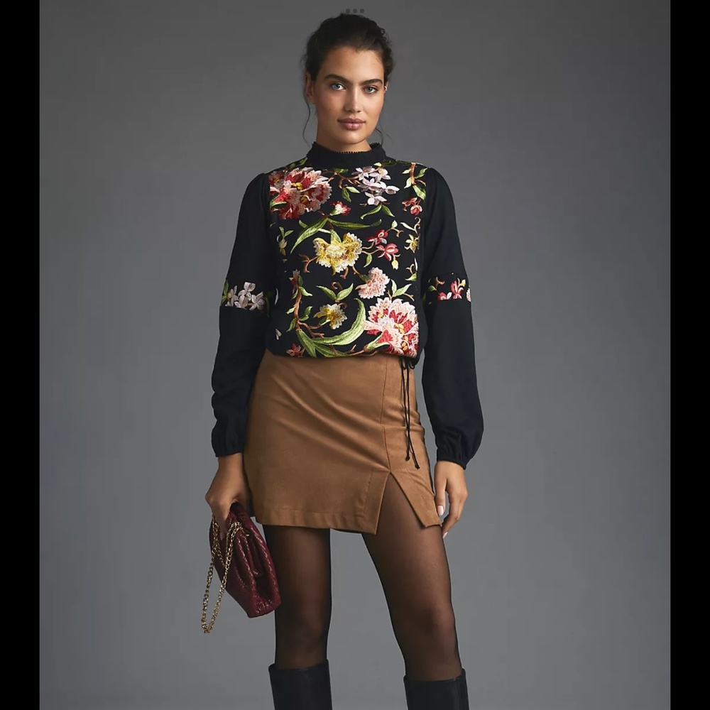 Anthropologie Tiny Embroidered Floral Knit Blouse